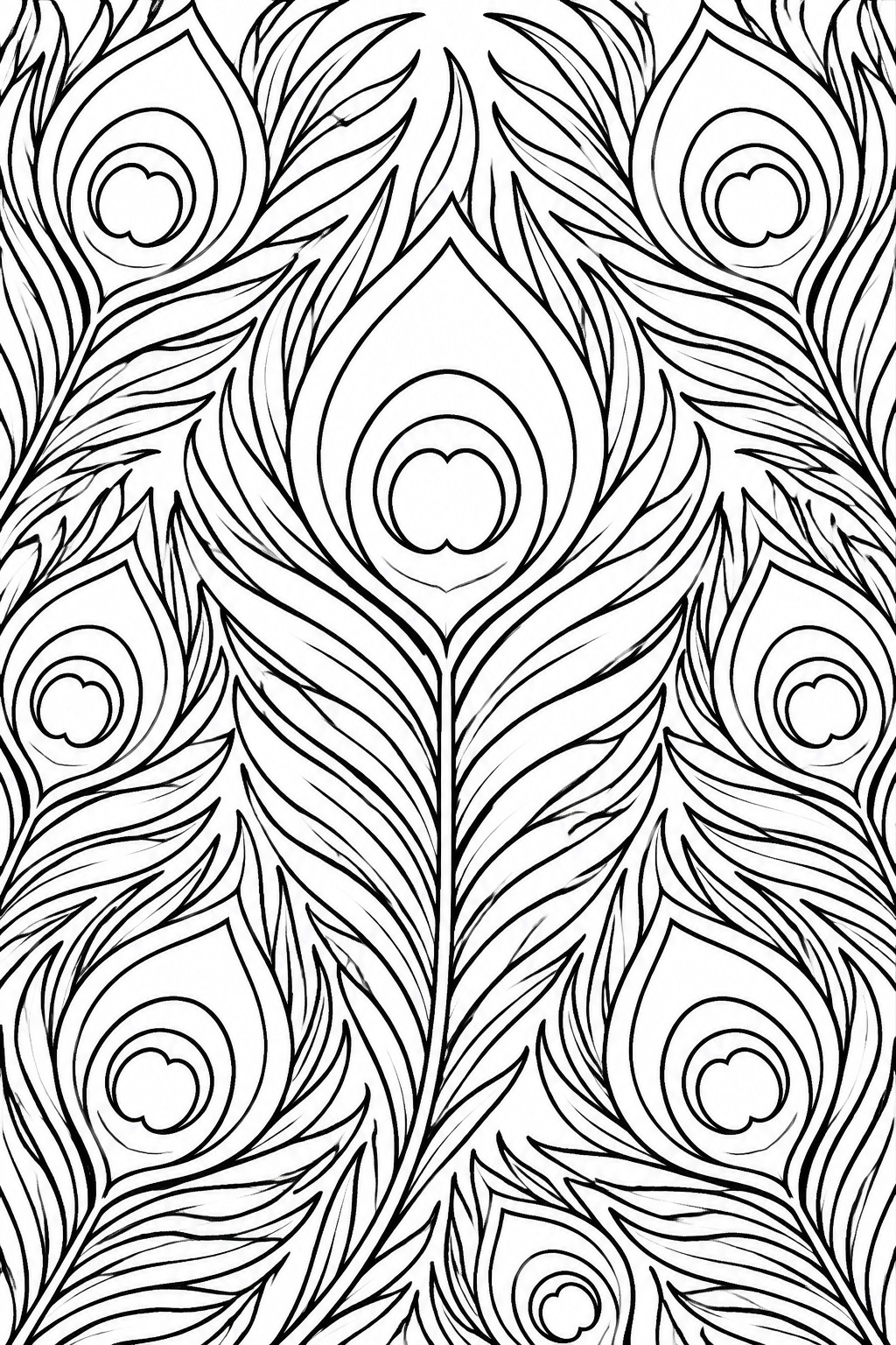 Black and white line art of repeating peacock feather patterns with eyespots.