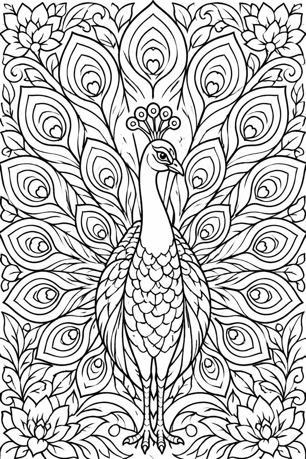 A black and white line drawing of a peacock with a large fanned tail featuring patterned feathers and flowers at the top and bottom.