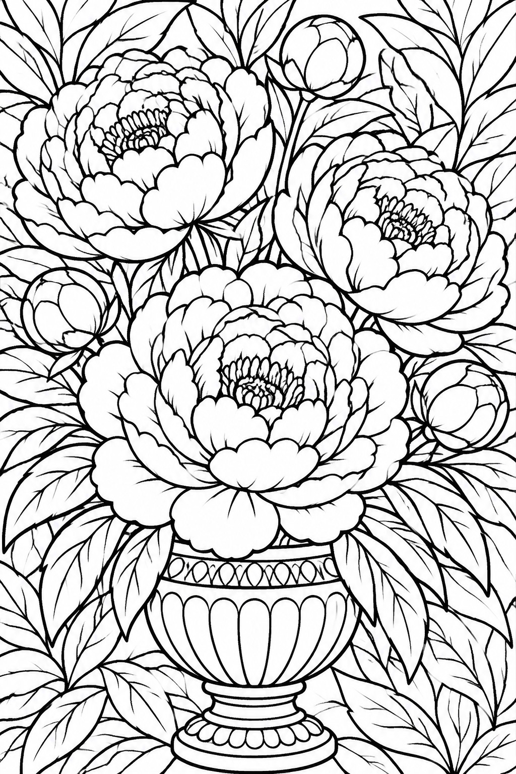 Black and white line drawing of peonies blooming in an ornate vase.