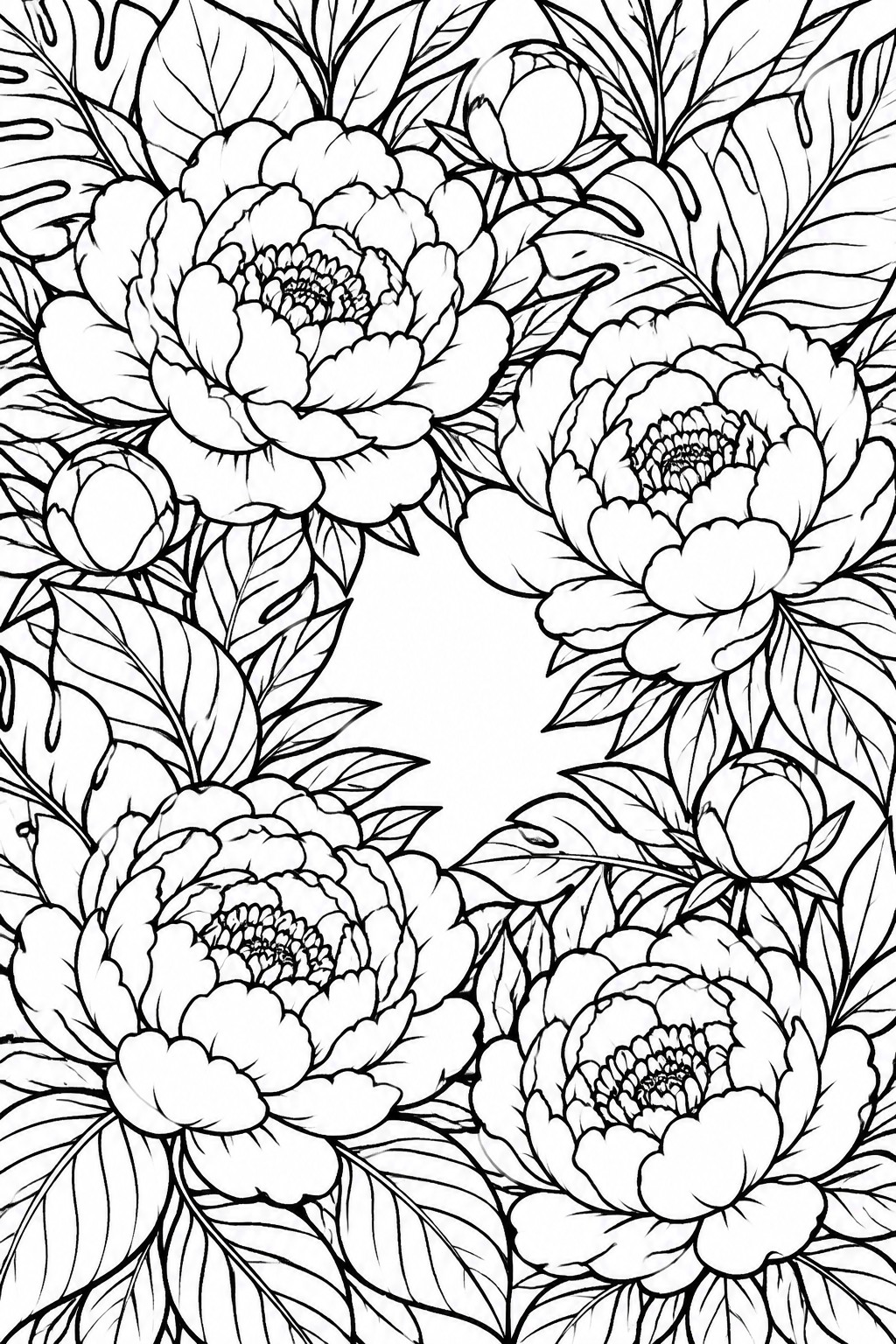 Black and white line drawing of blooming peonies amid leafy foliage.
