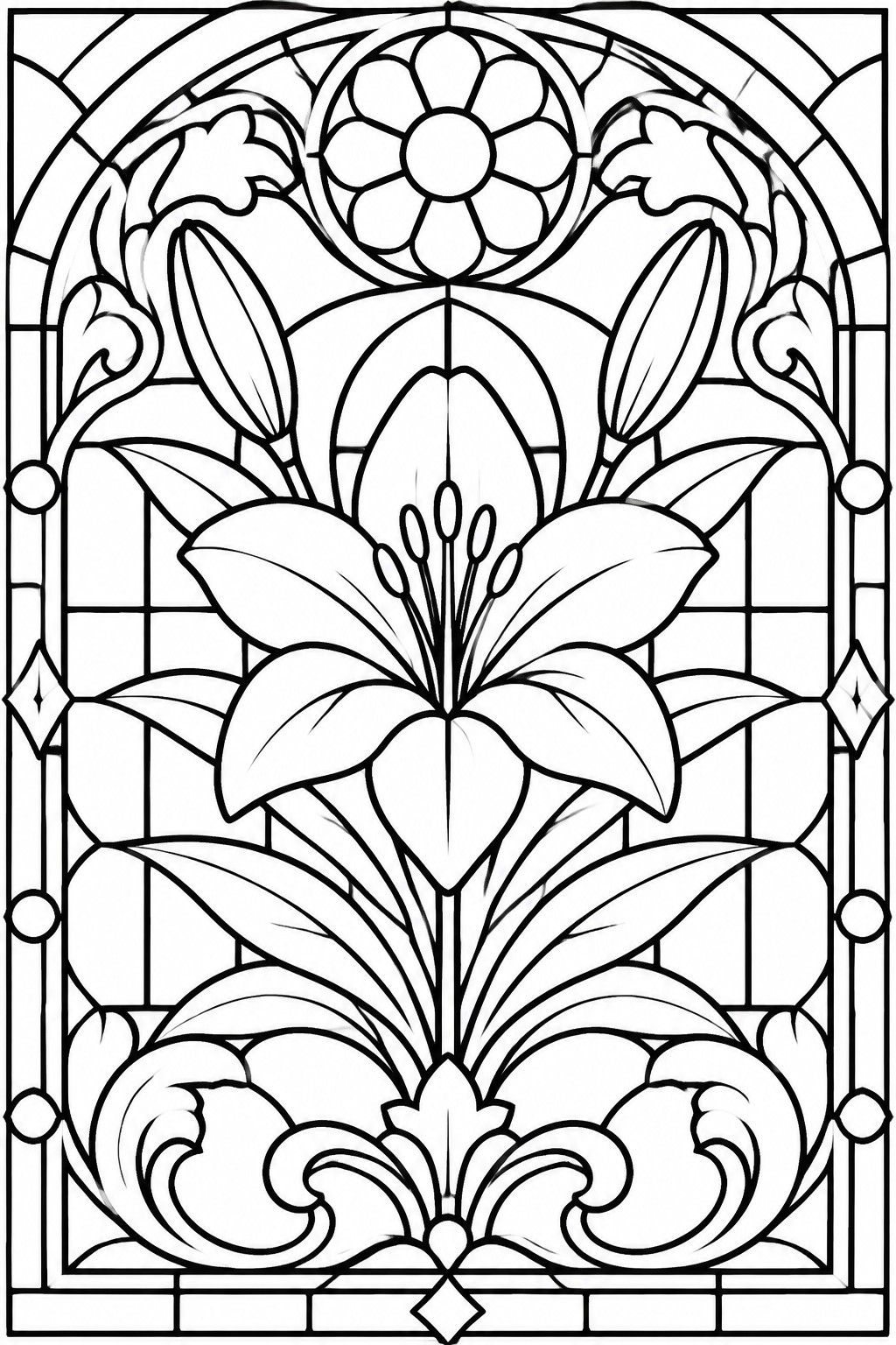 Arched stained glass window with central lilies, leaves, and ornate floral patterns