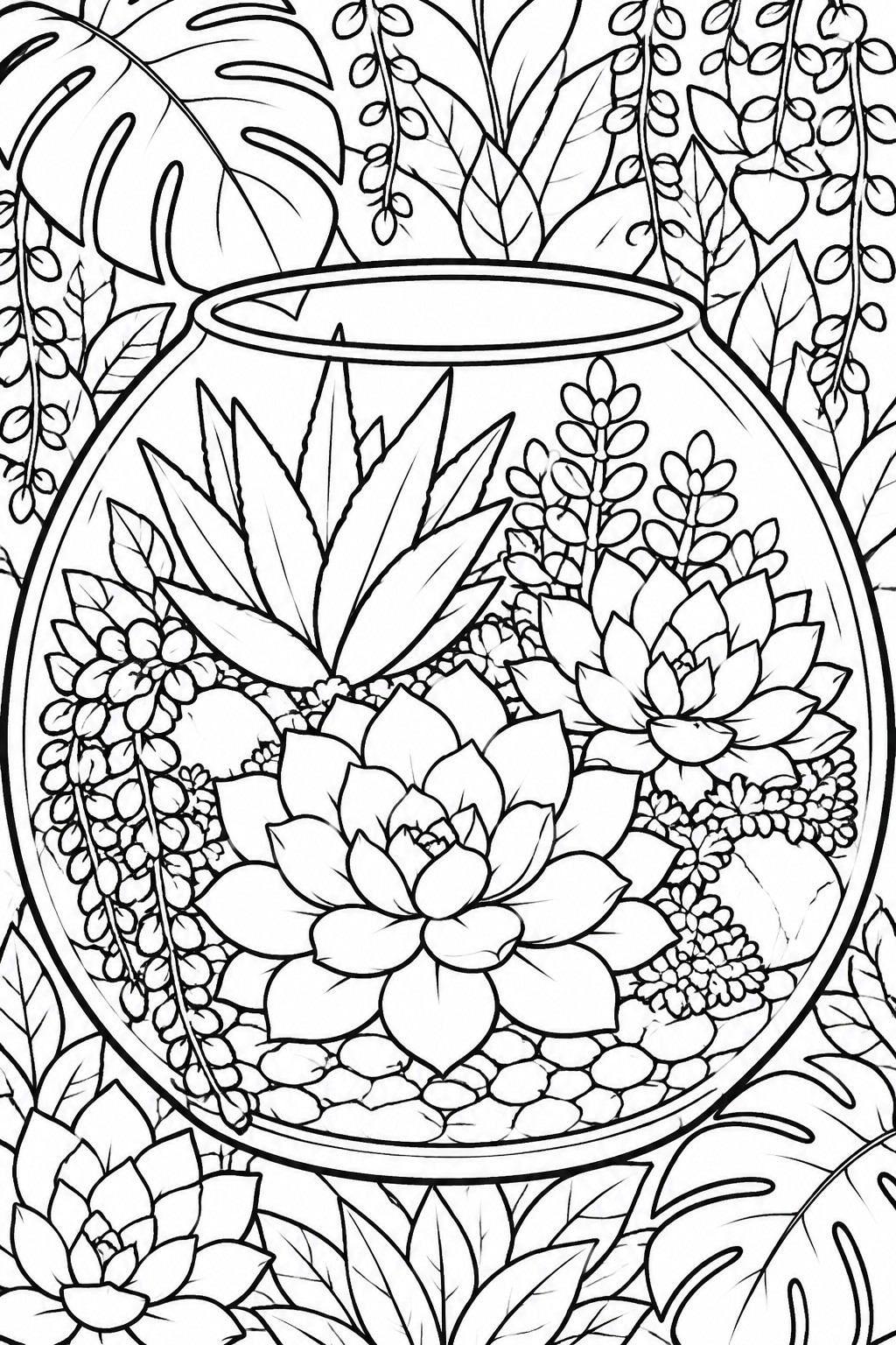 Line art of glass terrarium filled with succulents amid tropical foliage.