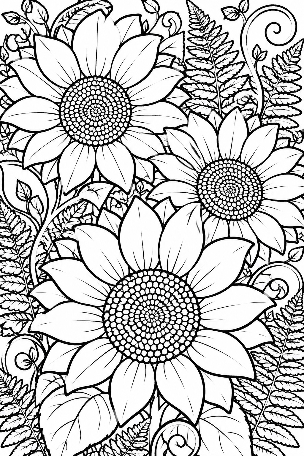 Black and white line drawing of several large sunflowers with dotted centers surrounded by leaves ferns and vines.