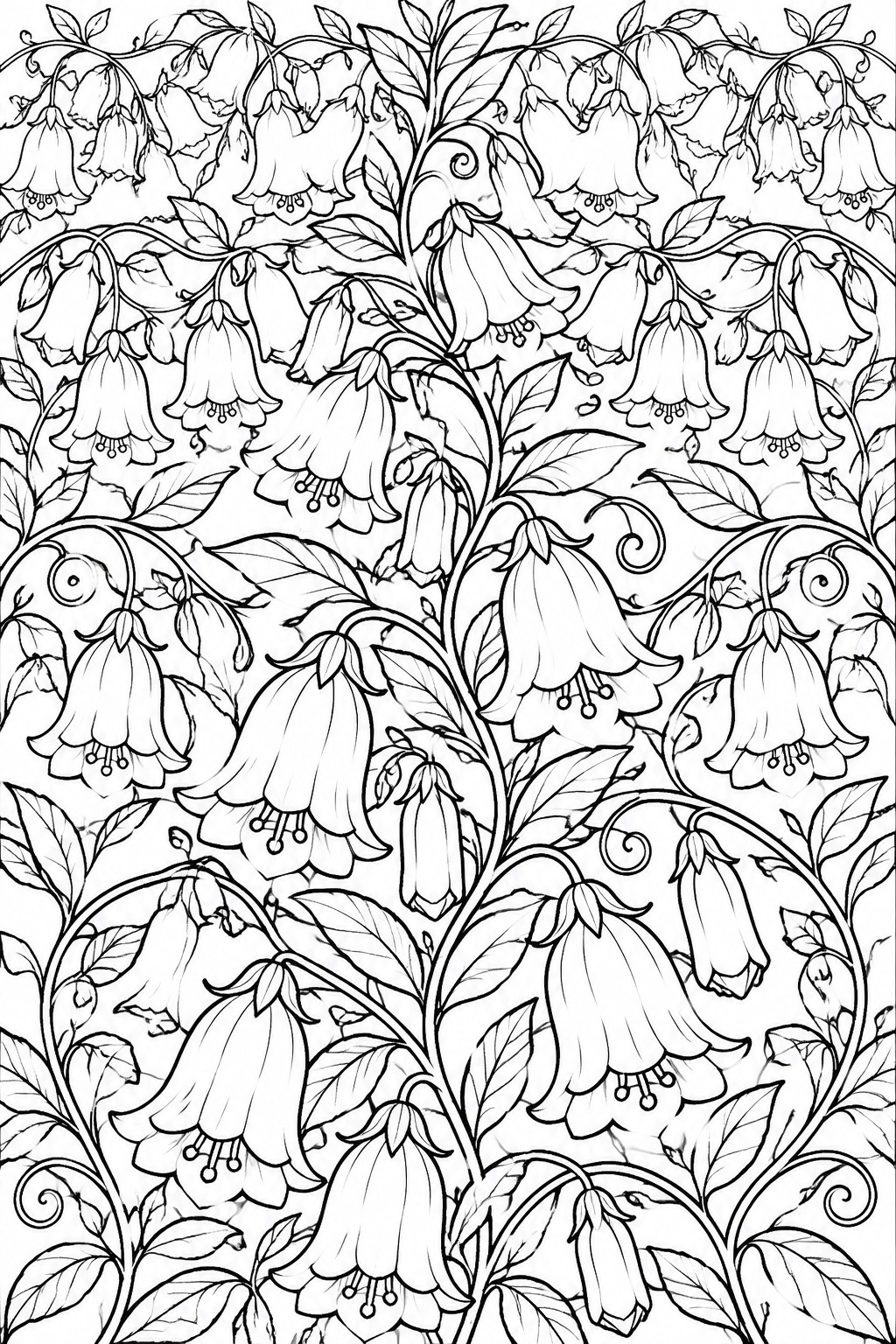 Intricate black and white line drawing of dense hanging bell flowers with vines and leaves.