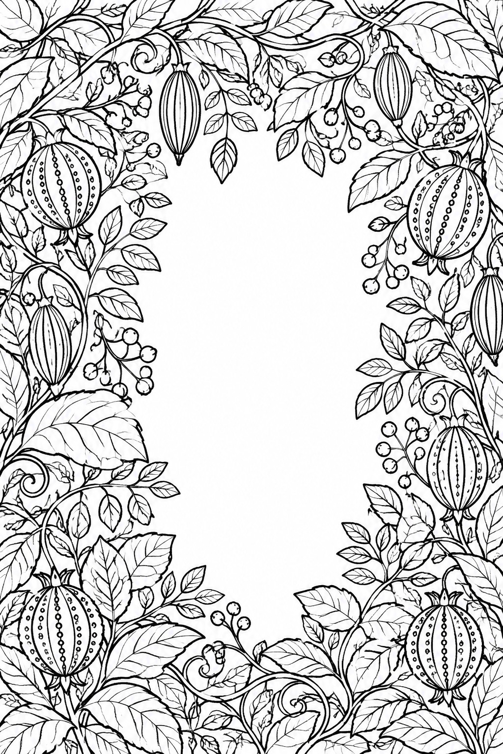 Ornate black and white botanical border of vines, leaves, and dotted fruits.