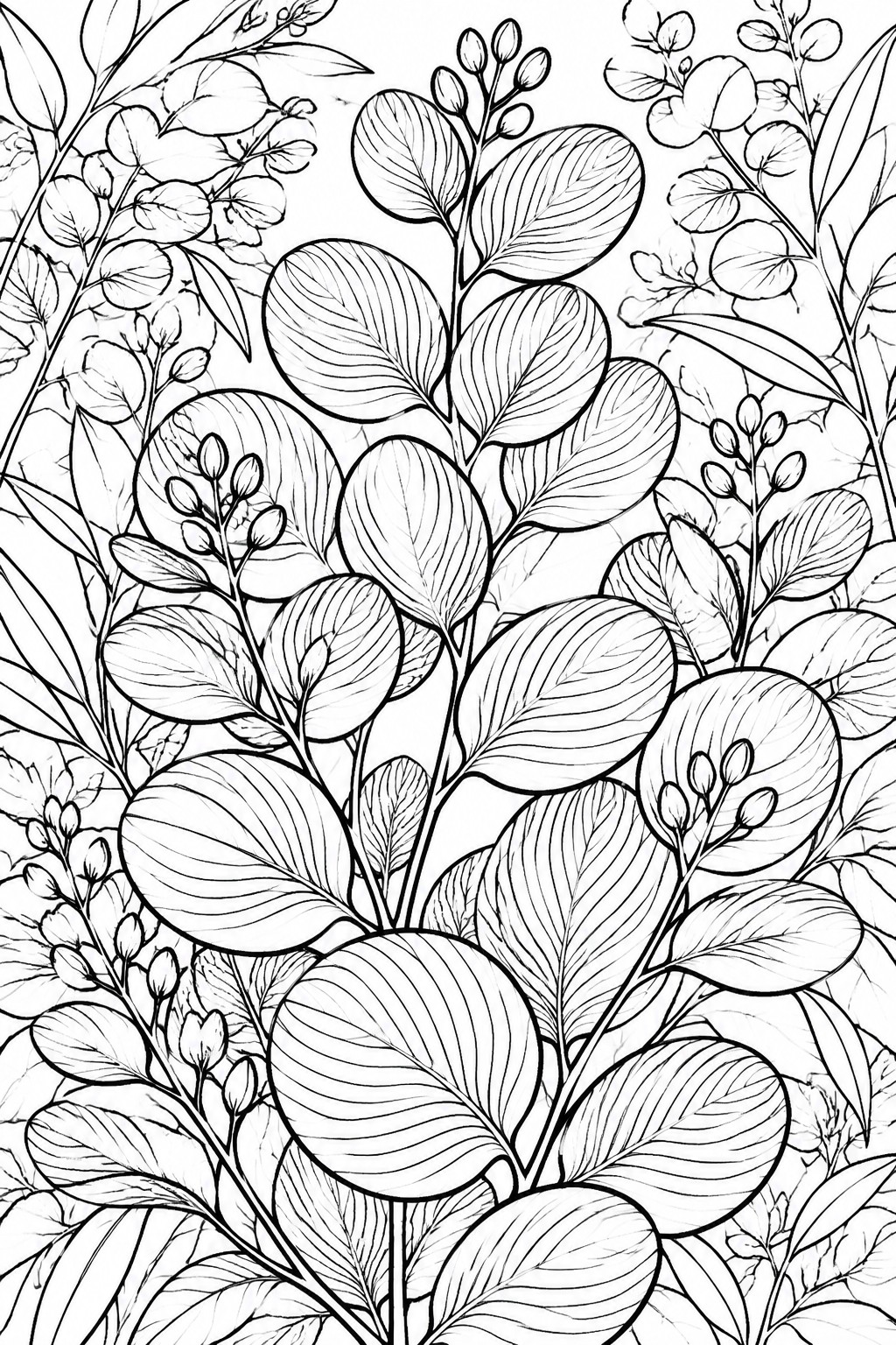 Dense black and white line drawing of round leaves and budding stems