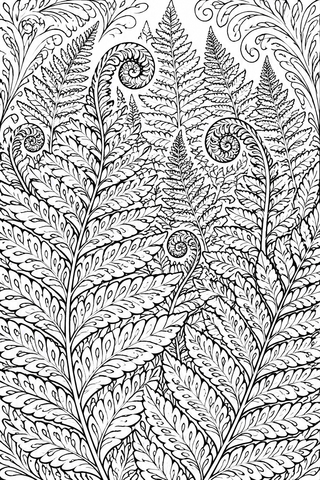 Intricate black and white pattern of dense ferns with spiraling fronds.