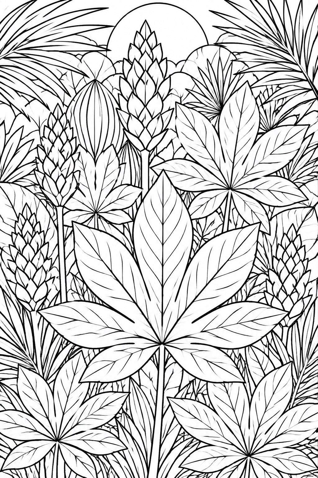 A black and white coloring page shows dense tropical leaves and plants with a circular shape at the top.