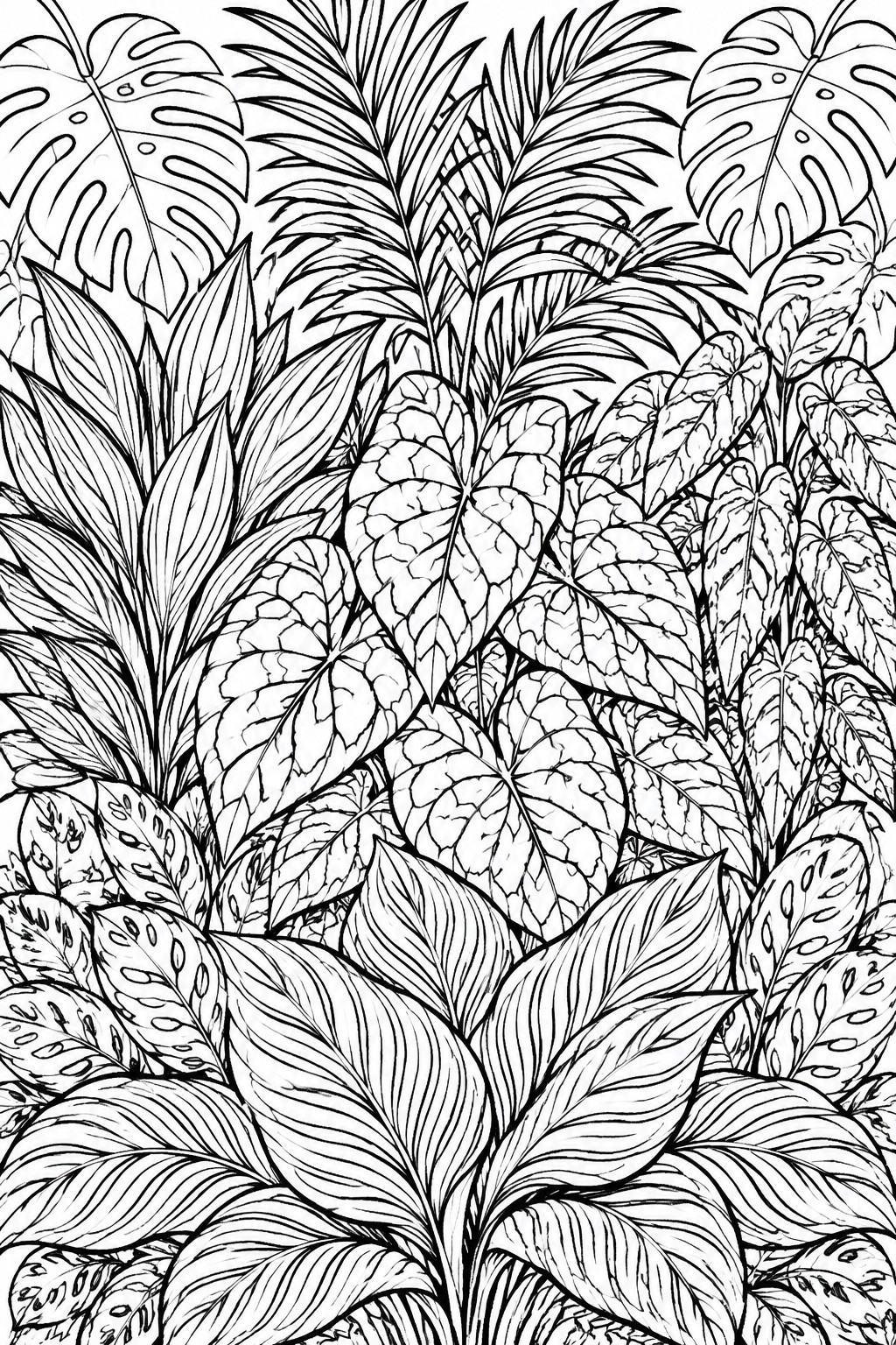 Black and white line art of dense overlapping tropical leaves and foliage