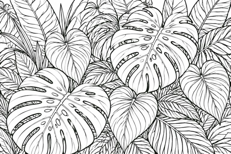 24 Modern Botanical Coloring Pages Featuring Leaves, Vines, and Decorative Plant Forms Black and white line drawing of many overlapping tropical leaves with monstera holes and vein details filling the frame.