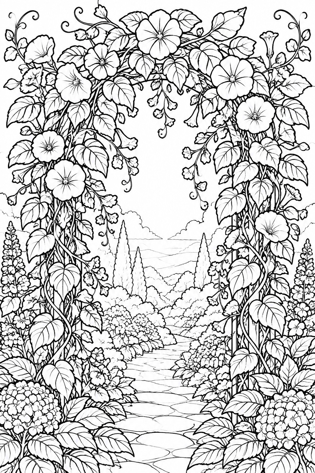 Black and white line drawing of floral arch over garden path with hills.