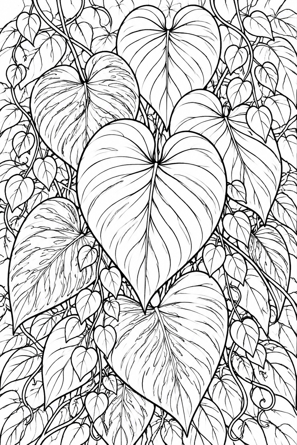 Intricate black-and-white line art of dense overlapping heart-shaped tropical leaves and vines.