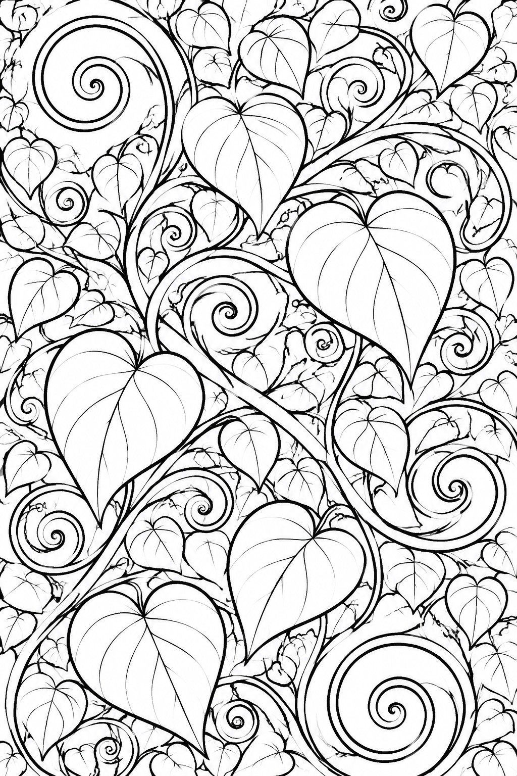Intricate black and white line art of heart-shaped leaves and swirling vines