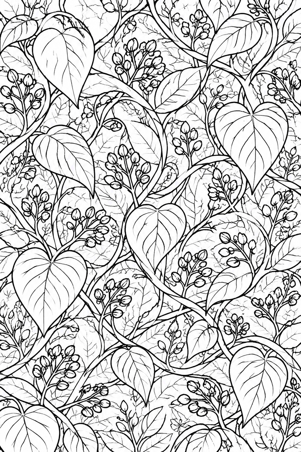 Dense black-and-white line art of heart-shaped leaves, twisting vines, and budding flowers