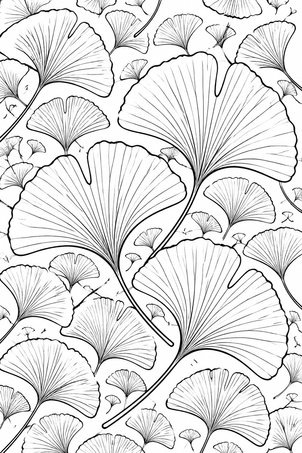 Black and white line art of overlapping fan-shaped ginkgo leaves with veins.