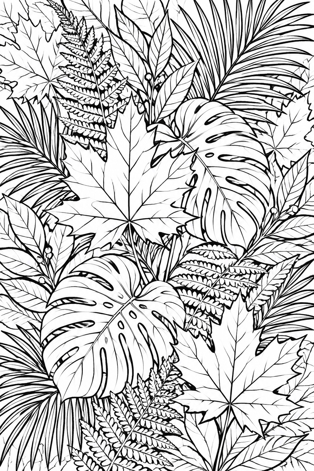 Dense black and white line drawing of overlapping tropical leaves and ferns