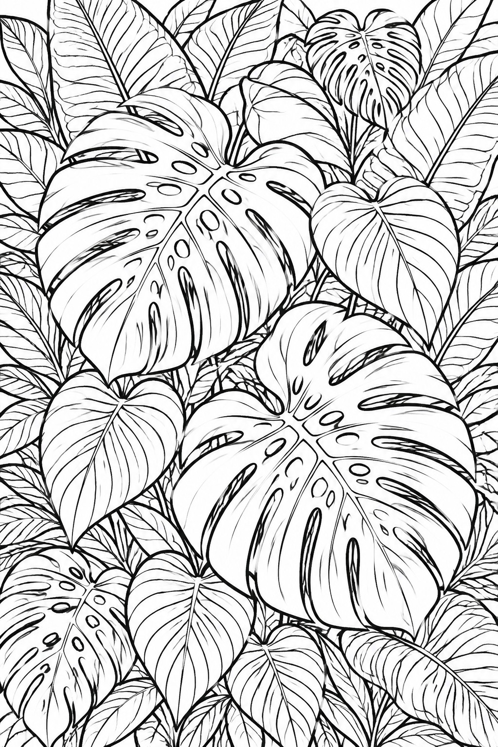 Black and white line drawing of many overlapping tropical leaves with monstera holes and vein details filling the frame.