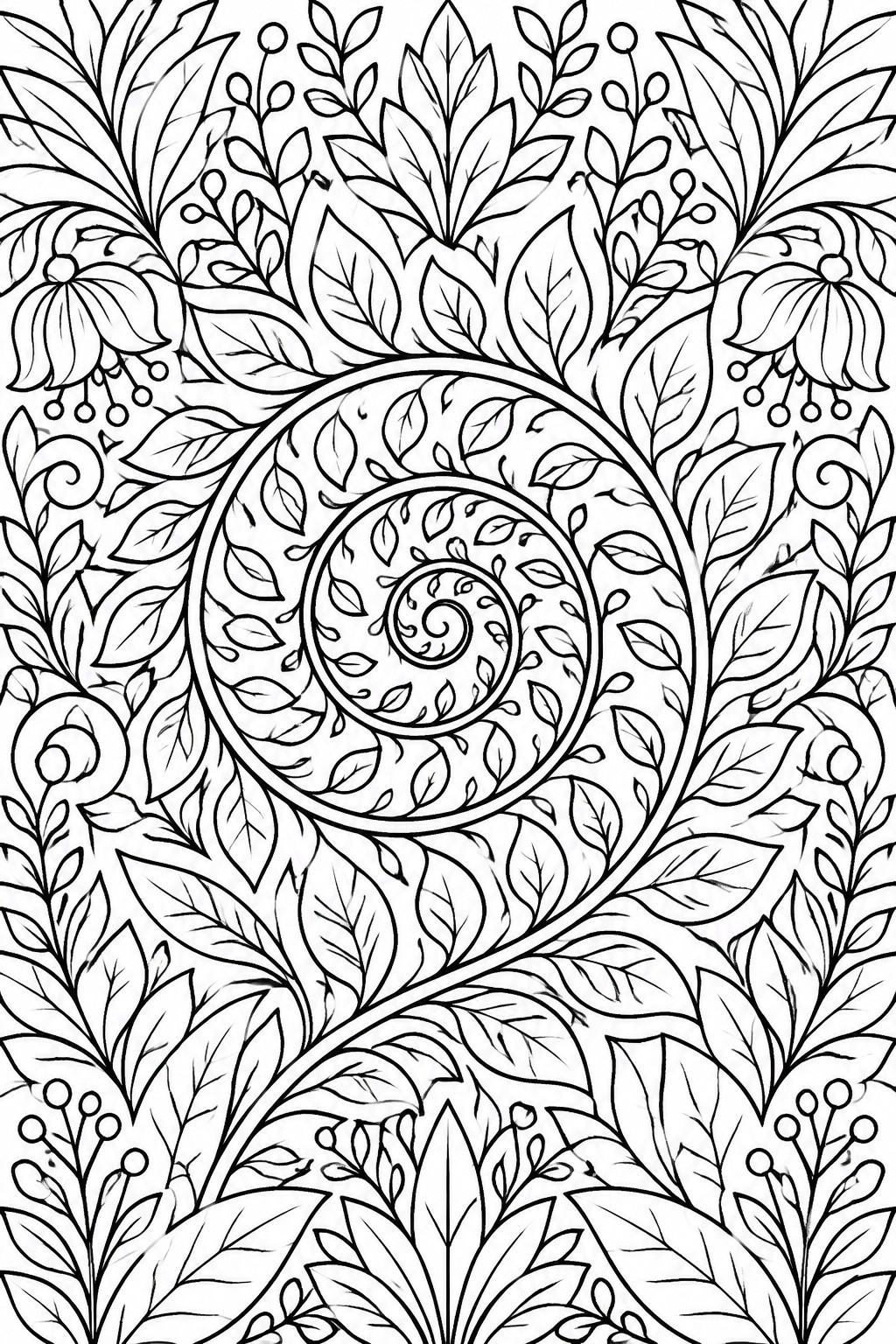 Intricate black and white spiral of leaves, flowers, and vines in mandala style