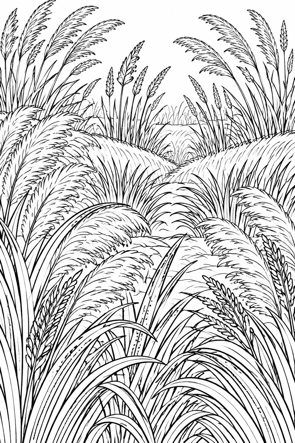 Black and white line drawing of dense tall ornamental grasses with feathery plumes in a field.
