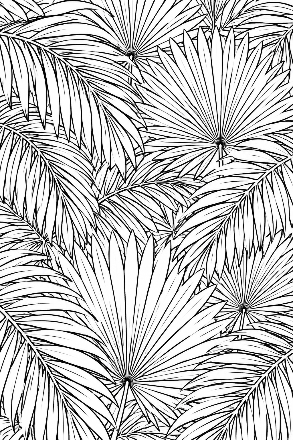 Dense black-and-white line art of overlapping tropical palm fronds and fan leaves