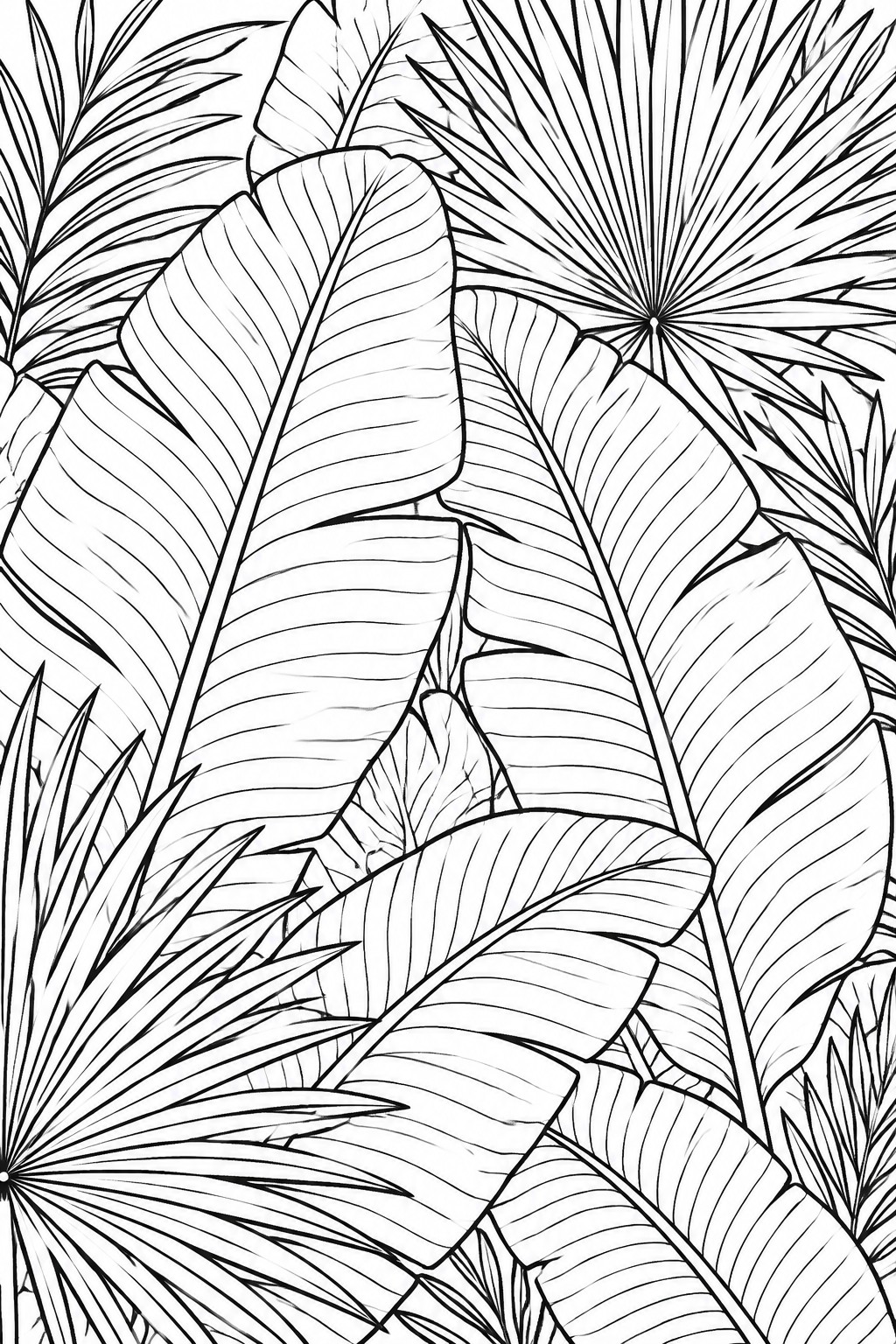 Black and white line art of overlapping tropical leaves with visible veins filling the page.
