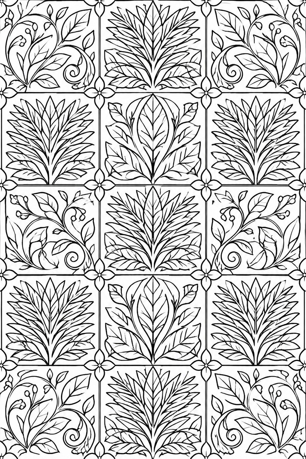 A black and white coloring page grid filled with square botanical tiles showing fan-shaped leaves and swirling vines with berries.