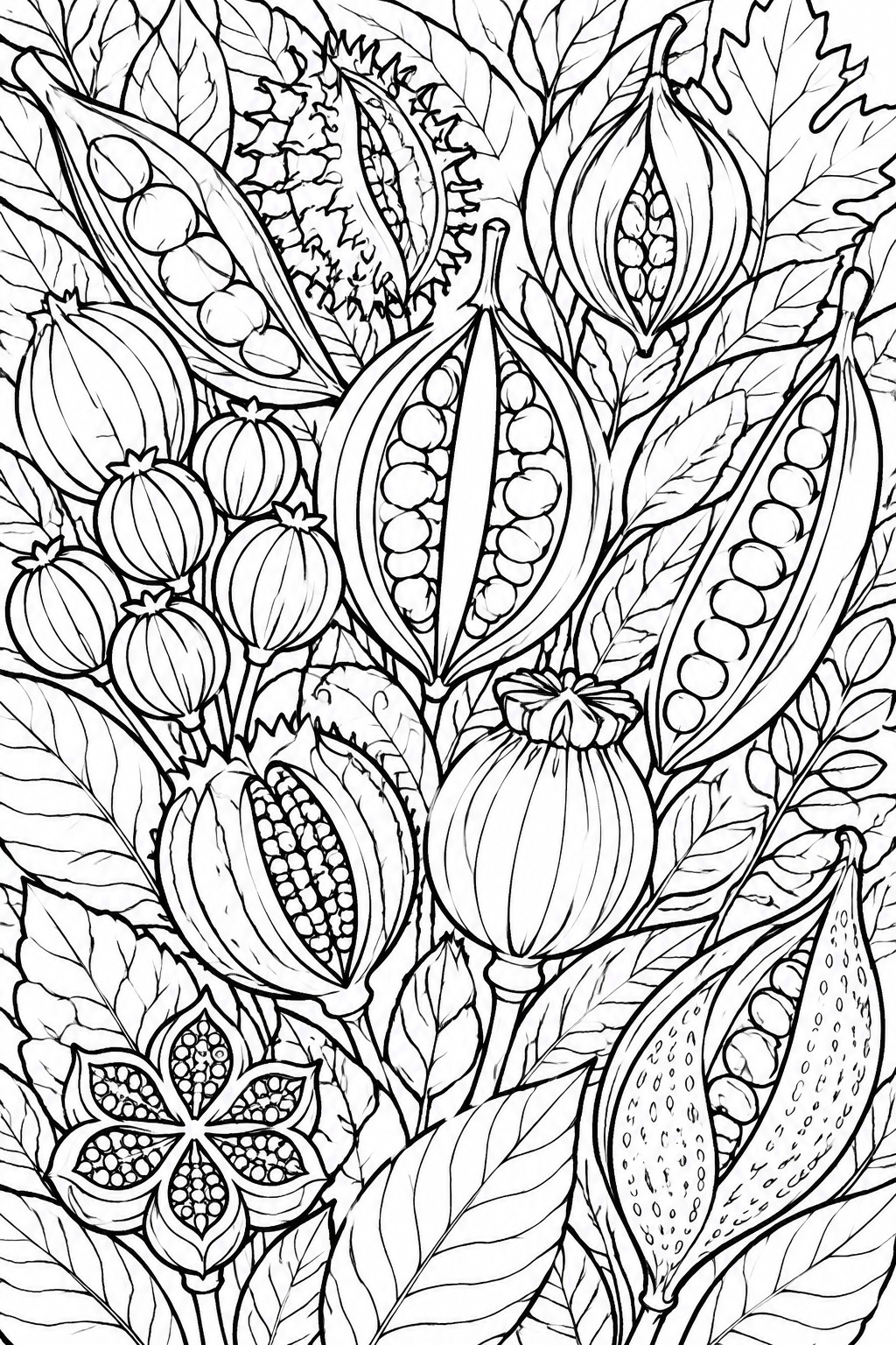Detailed black and white line art of seed pods, leaves, and botanical elements