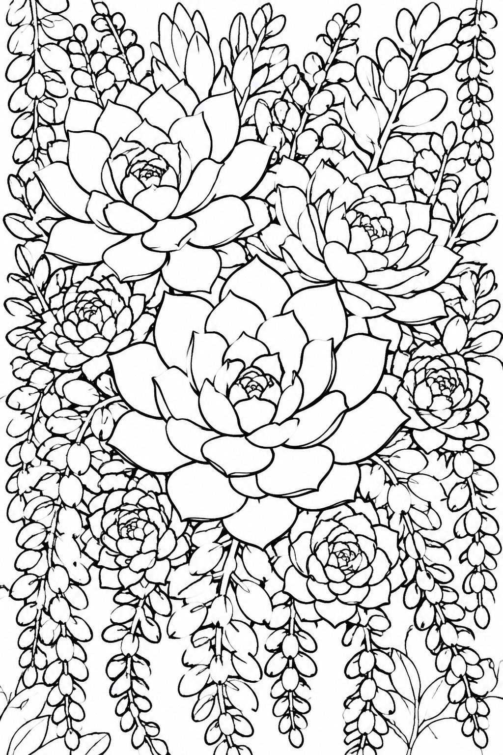 Detailed black and white line art of succulents with hanging bead plants.