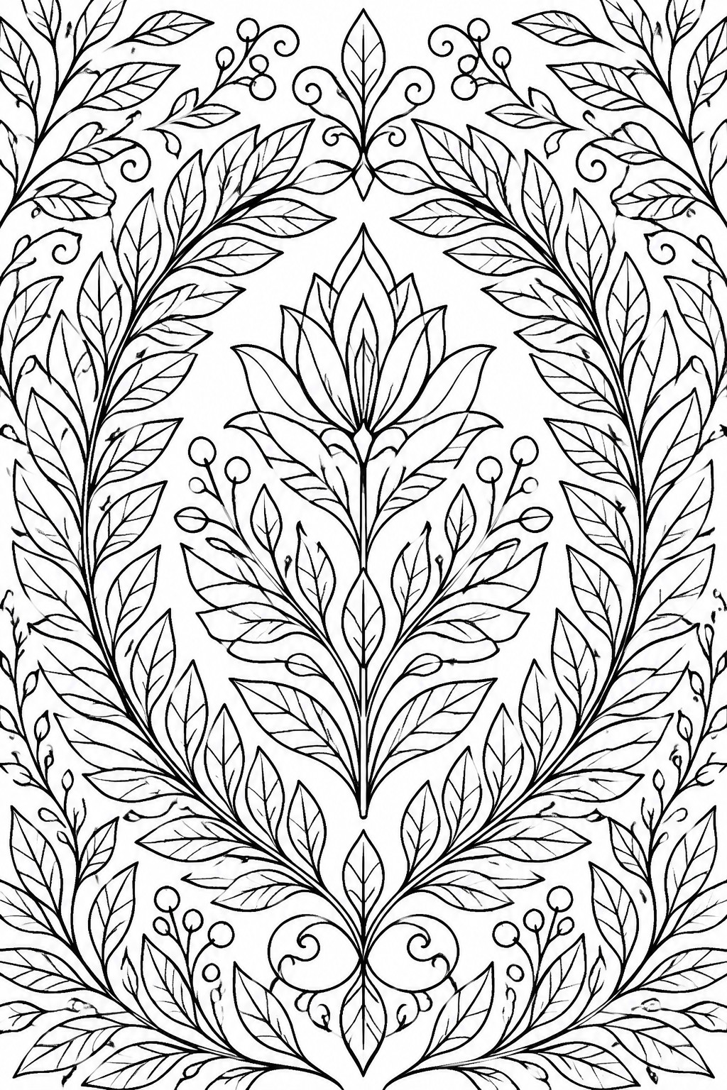 Symmetrical black line art of ornate leaves, flowers, and curling vines.