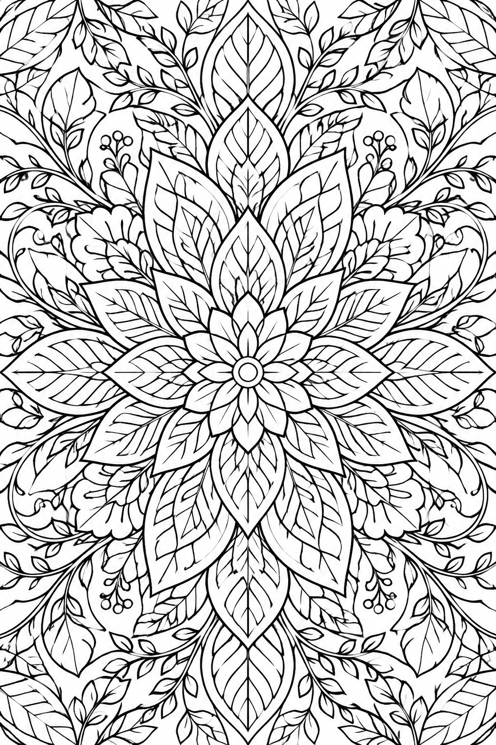 Intricate black-and-white floral mandala with central flower and leafy vines