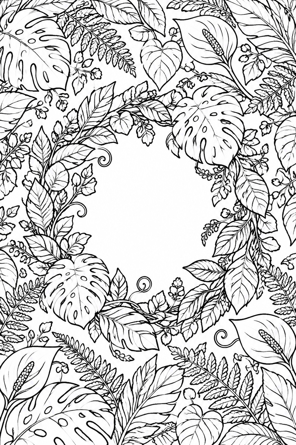 Black and white line drawing of a circular wreath made from various tropical leaves and ferns with an empty center.