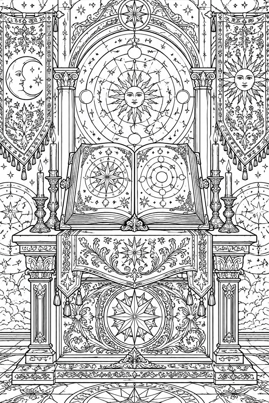 Intricate line drawing of open book on altar with sun, moon, and candles