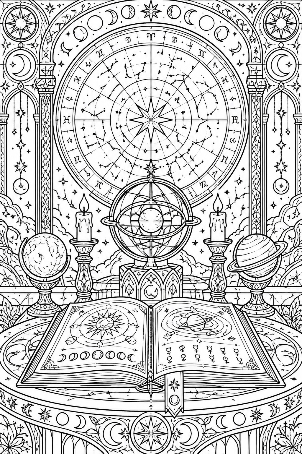 Ornate celestial scene with open book, candles, armillary sphere, and zodiac wheel in line art.