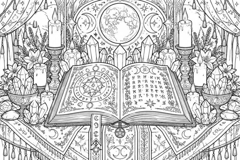 A detailed line drawing of an open spell book on an altar cloth, surrounded by candles and crystals, with a large moon visible through an arch in the background.