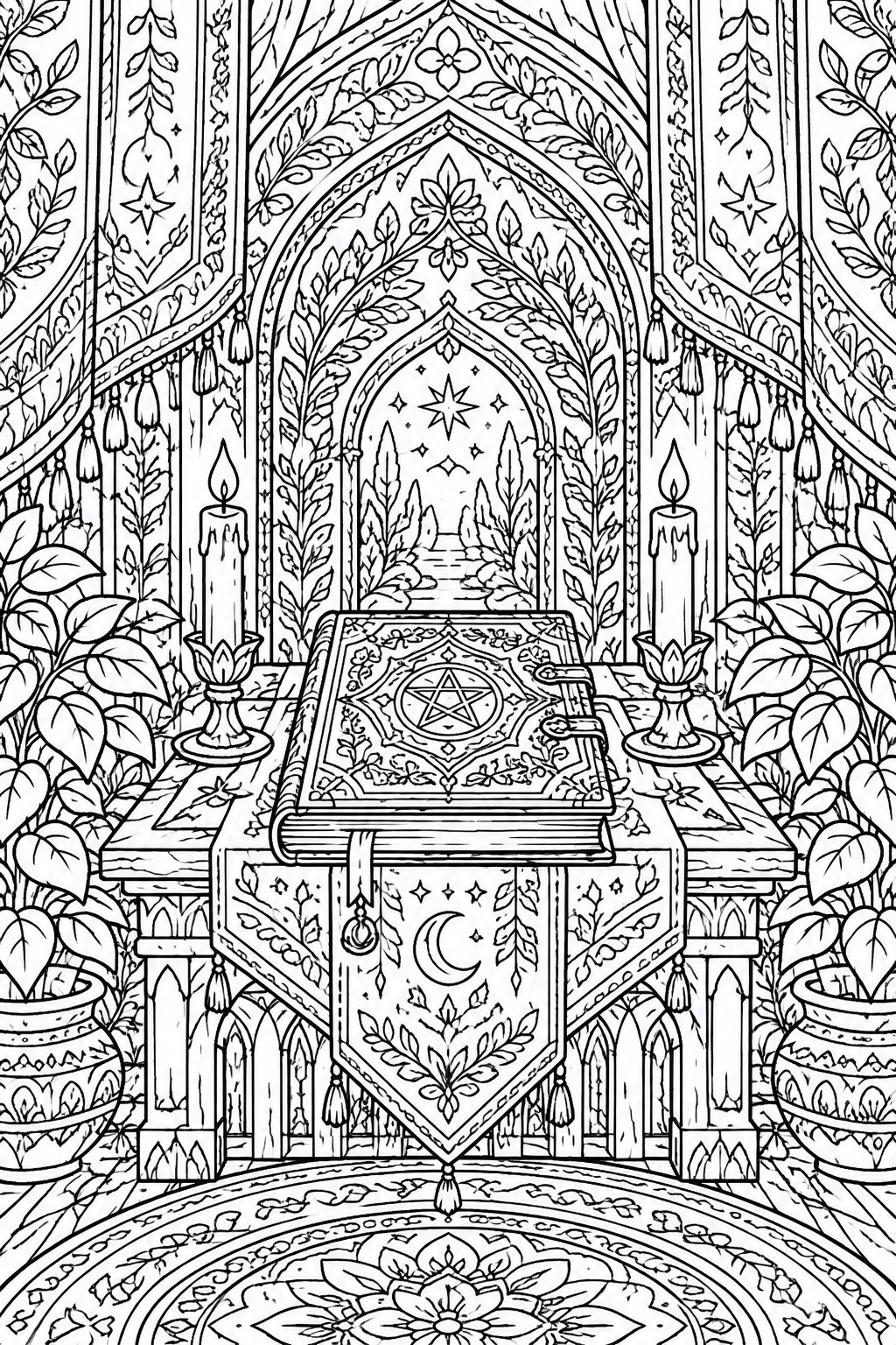 Intricate line art of pentagram book on altar with candles, moon banner, and arches