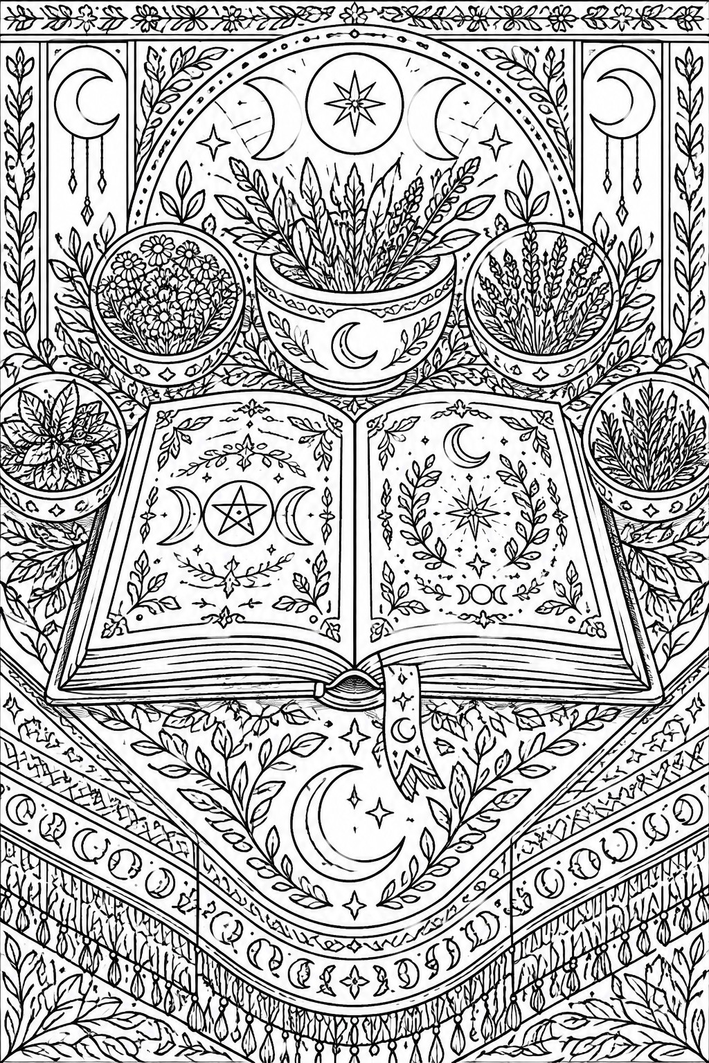 Intricate black and white line art of open book with pentagram, moons and herbal bowls.