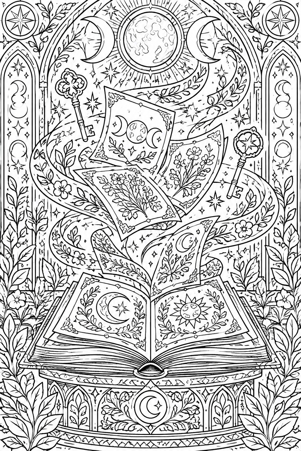 Ornate black-and-white illustration of open book with floating celestial pages, keys and moons.