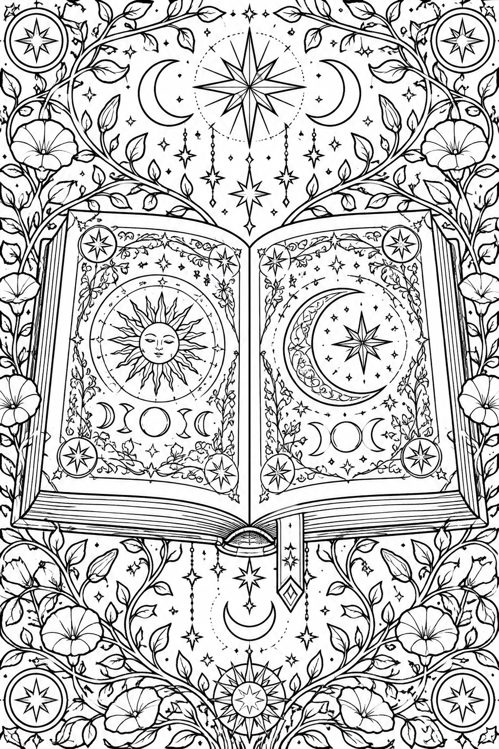 Black and white line drawing of an open book with sun and moon illustrations, moon phases, stars, and surrounding floral vines.
