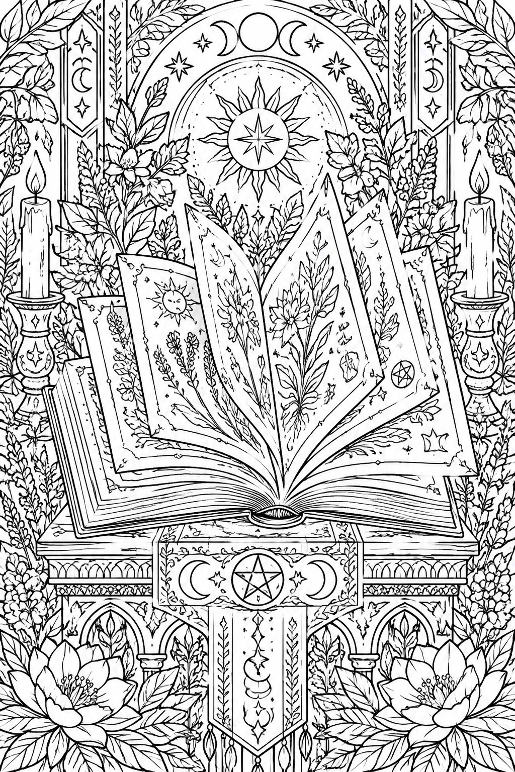 Open illustrated book on ornate stand between candles, amid flowers, moons, stars and pentagrams