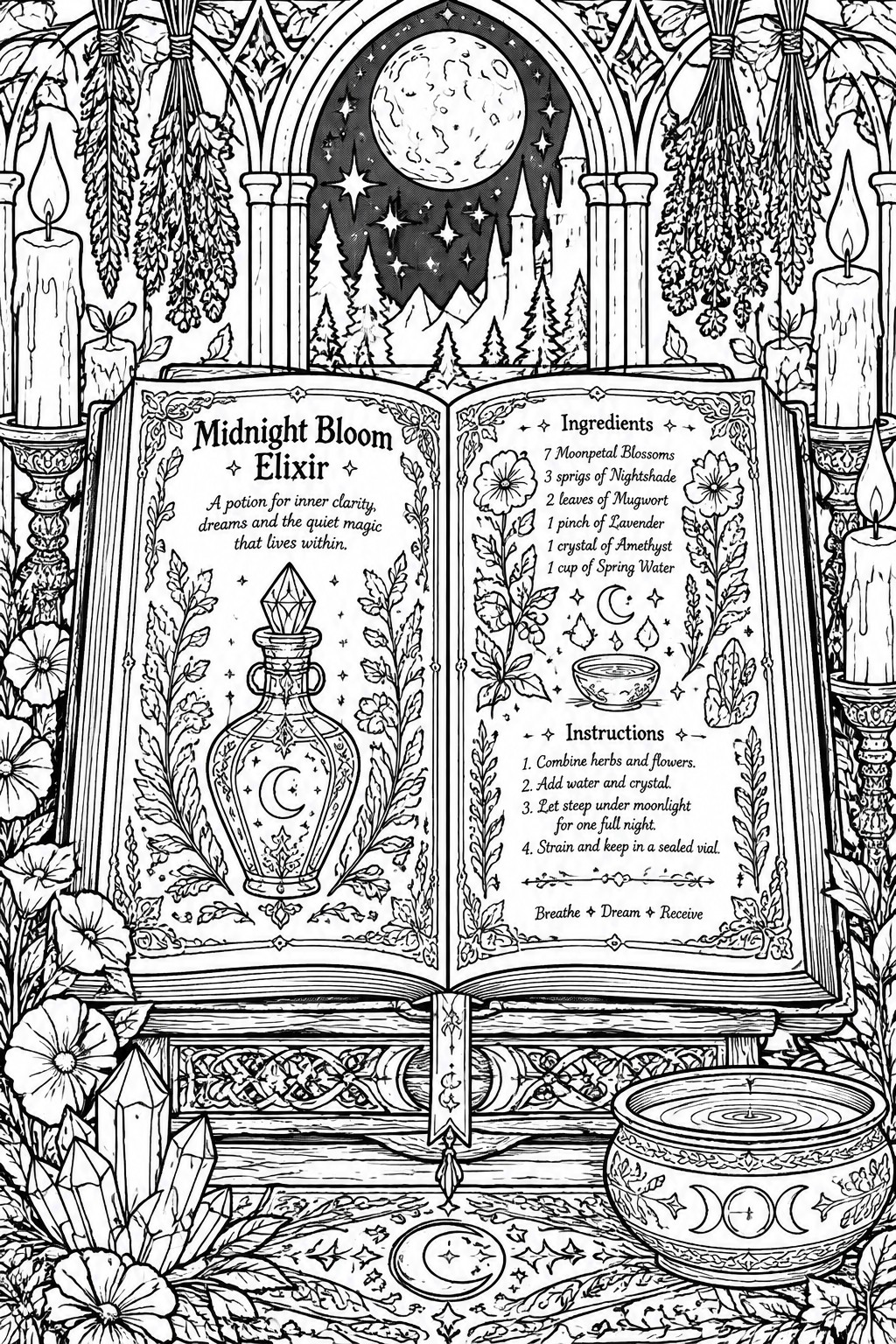 Open book with Midnight Bloom Elixir recipe amid candles, crystals, herbs, and moonlit scene