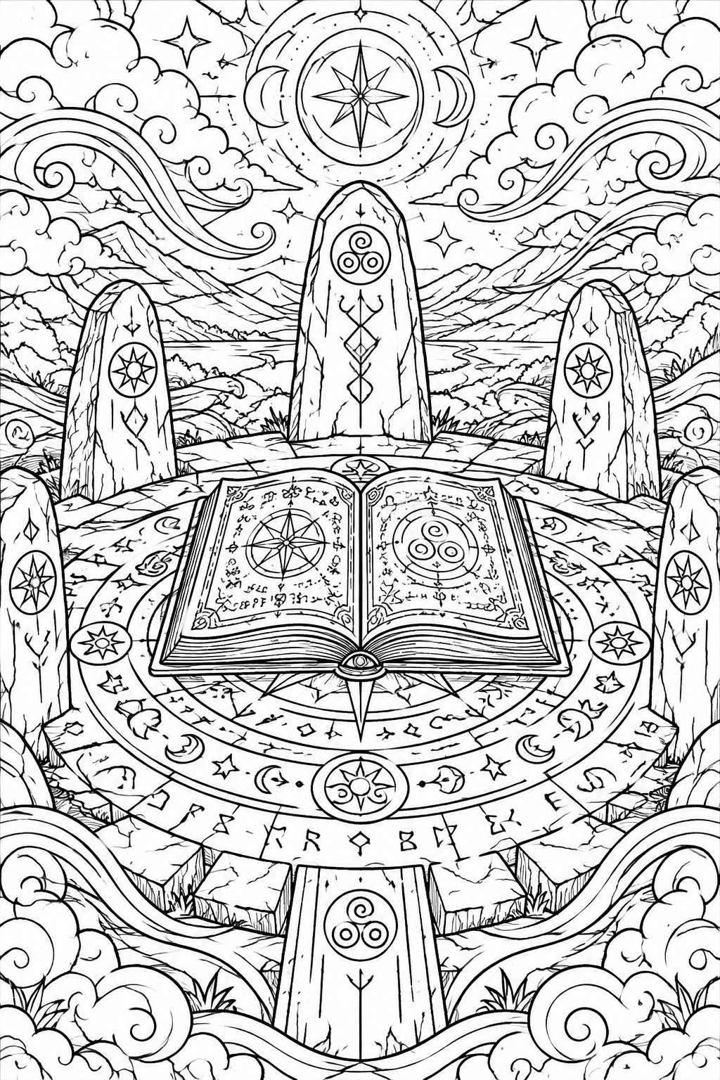 Mystical line art of an open book amid rune stones under starry skies.