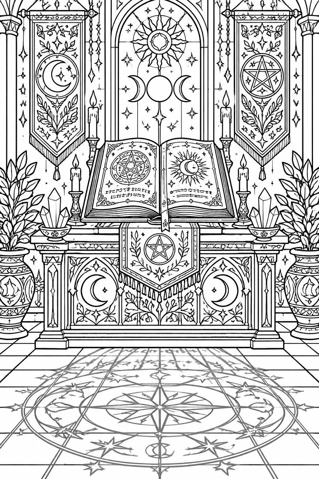 A black and white line drawing of a ritual altar with an open spell book, candles, crystals, moon and pentagram banners, potted plants, and a large mandala on the floor.