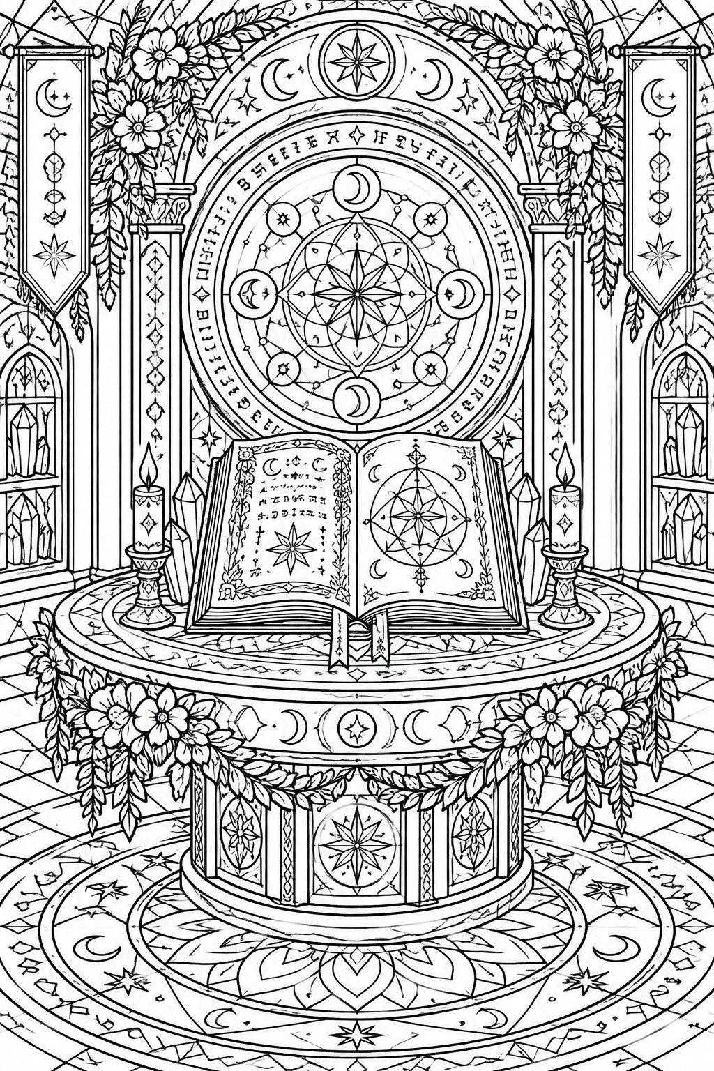 Intricate line art of open spellbook on floral altar with candles, crystals, and celestial mandala.