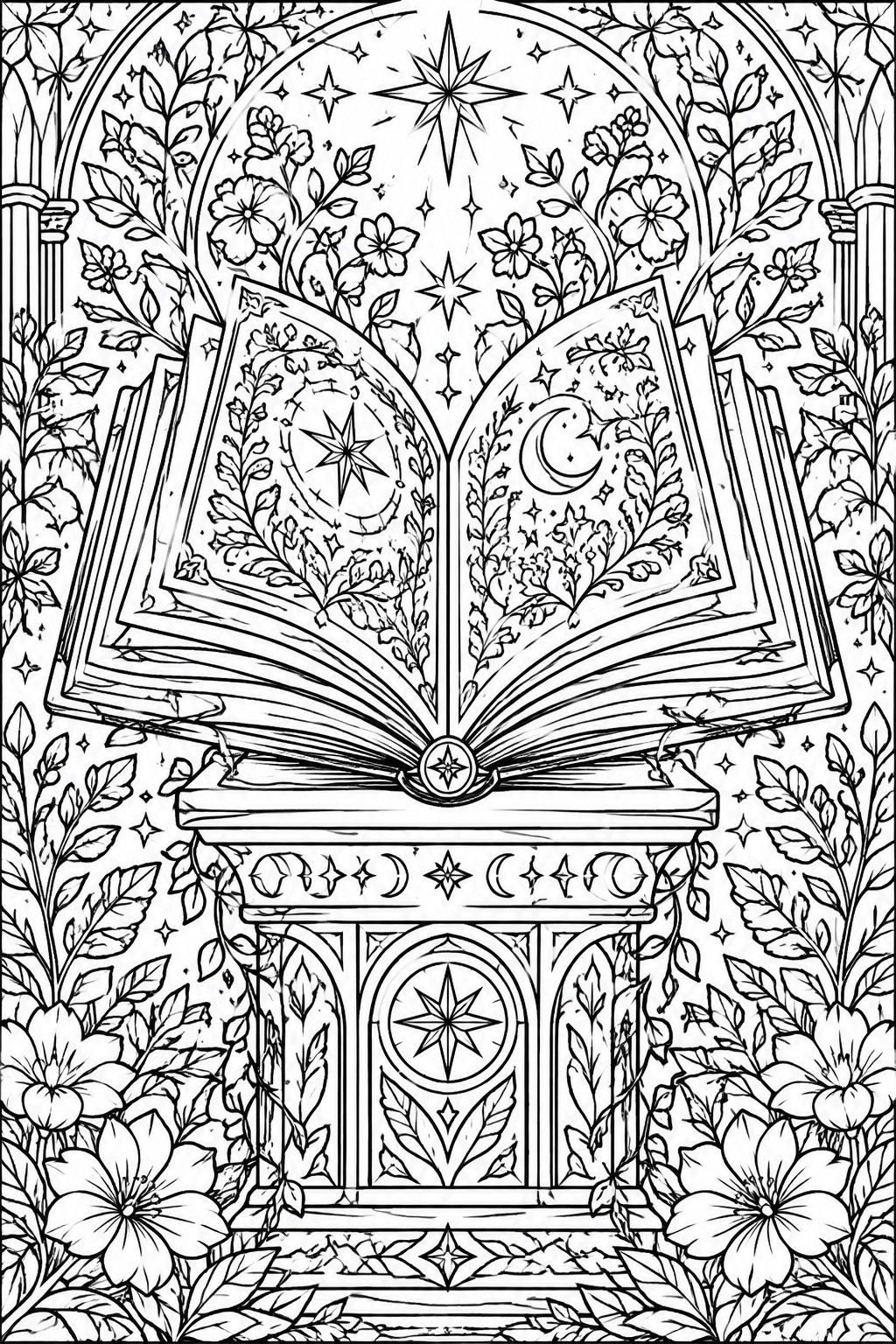 A black and white line drawing shows an open book on a pedestal with floral vines, stars, and moons filling the scene.