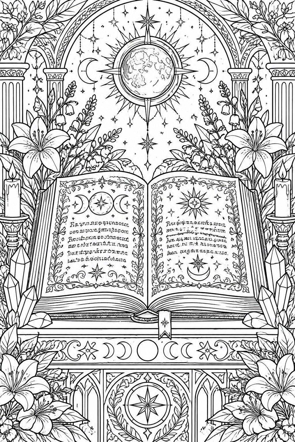 Intricate black and white illustration of open book amid candles, crystals, flowers, and celestial symbols.