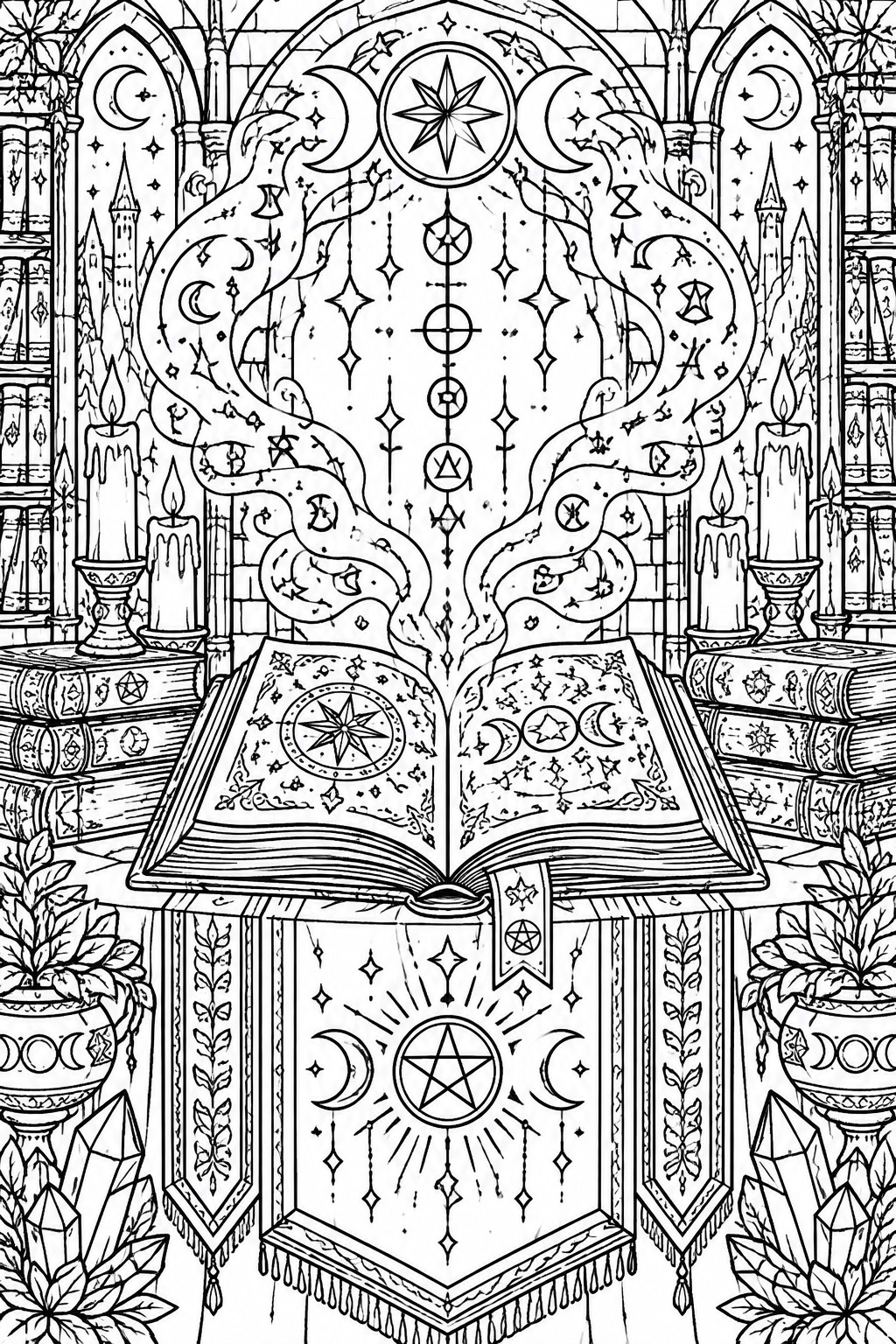 Coloring book illustration of open grimoire with candles, crystals, and arcane symbols