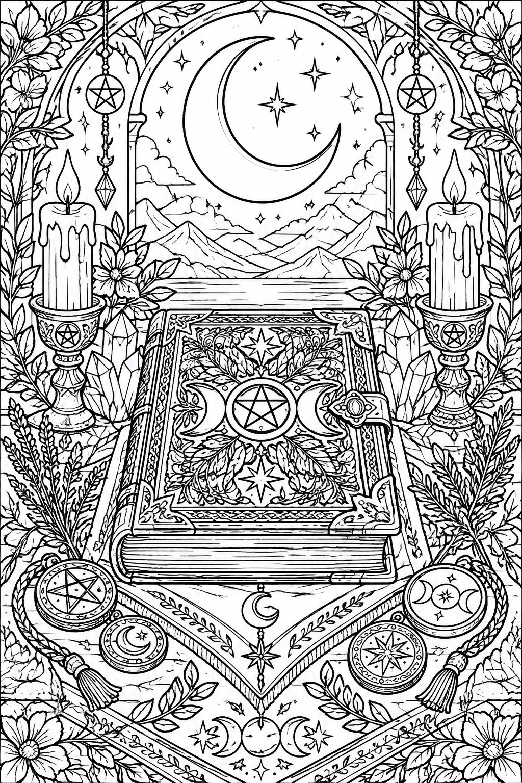 A black and white coloring page of an open spell book on an altar surrounded by candles, crystals, flowers, a crescent moon, mountains, and various pagan symbols.