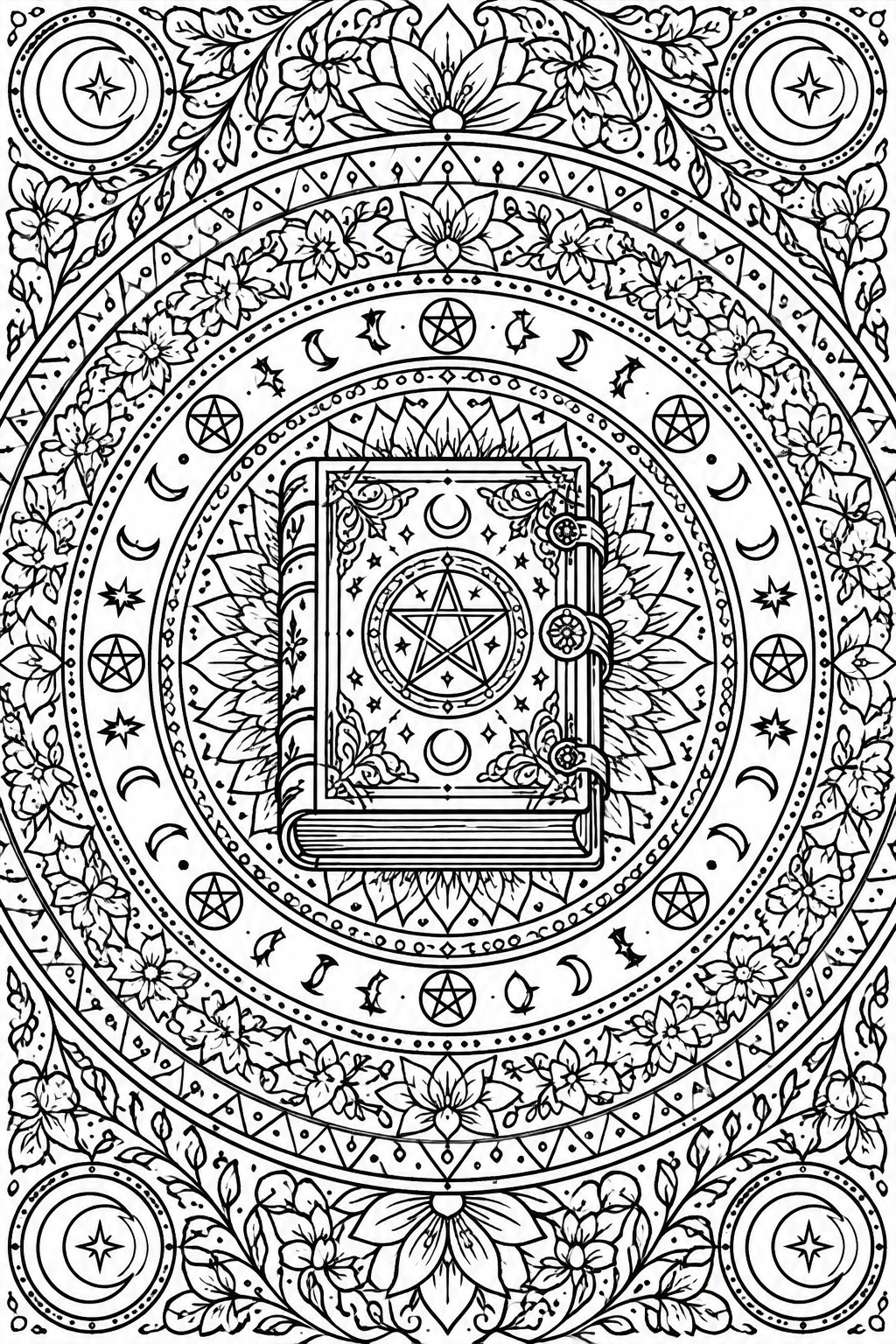 Intricate black-and-white mandala with central book, pentagram, moons, stars and floral patterns