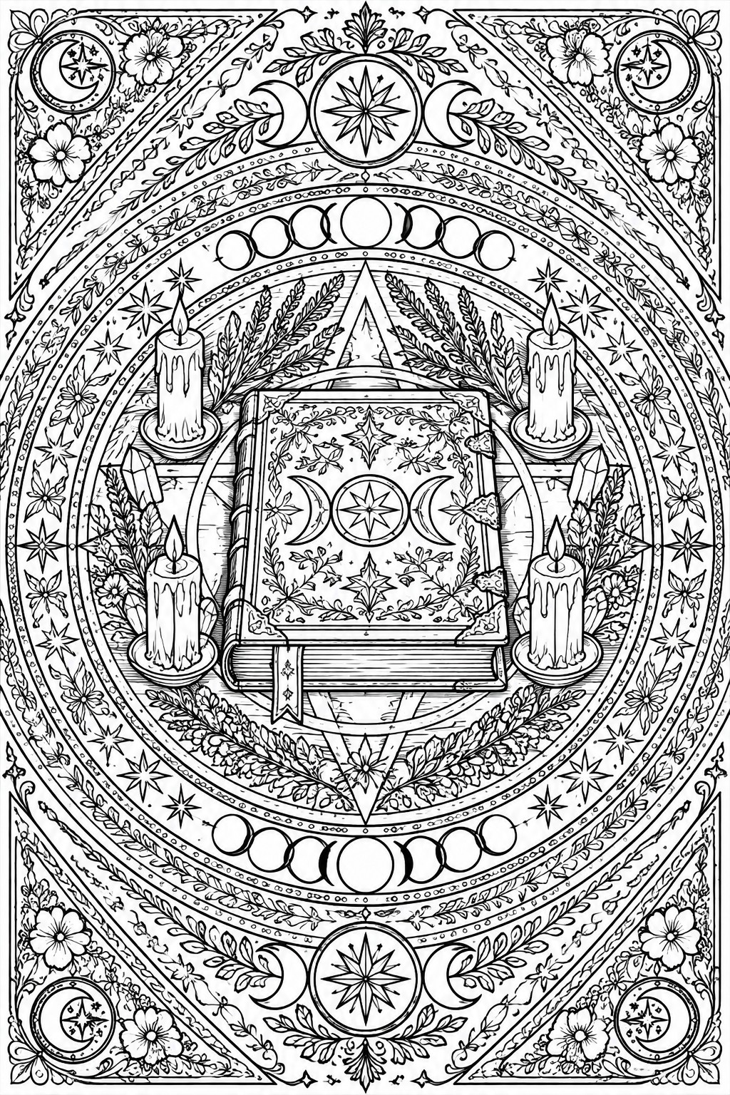 Intricate black-and-white mandala with central book, candles, crystals, moons, and stars.