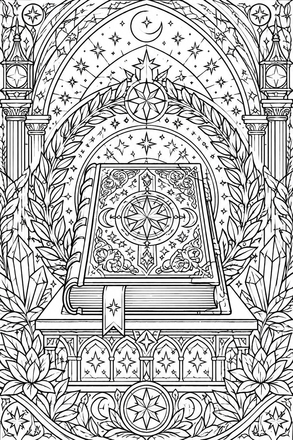 Coloring page of an ornate open book with a compass rose on the cover, placed on a pedestal under arches, surrounded by stars, moons, crystals, columns, and leaves.